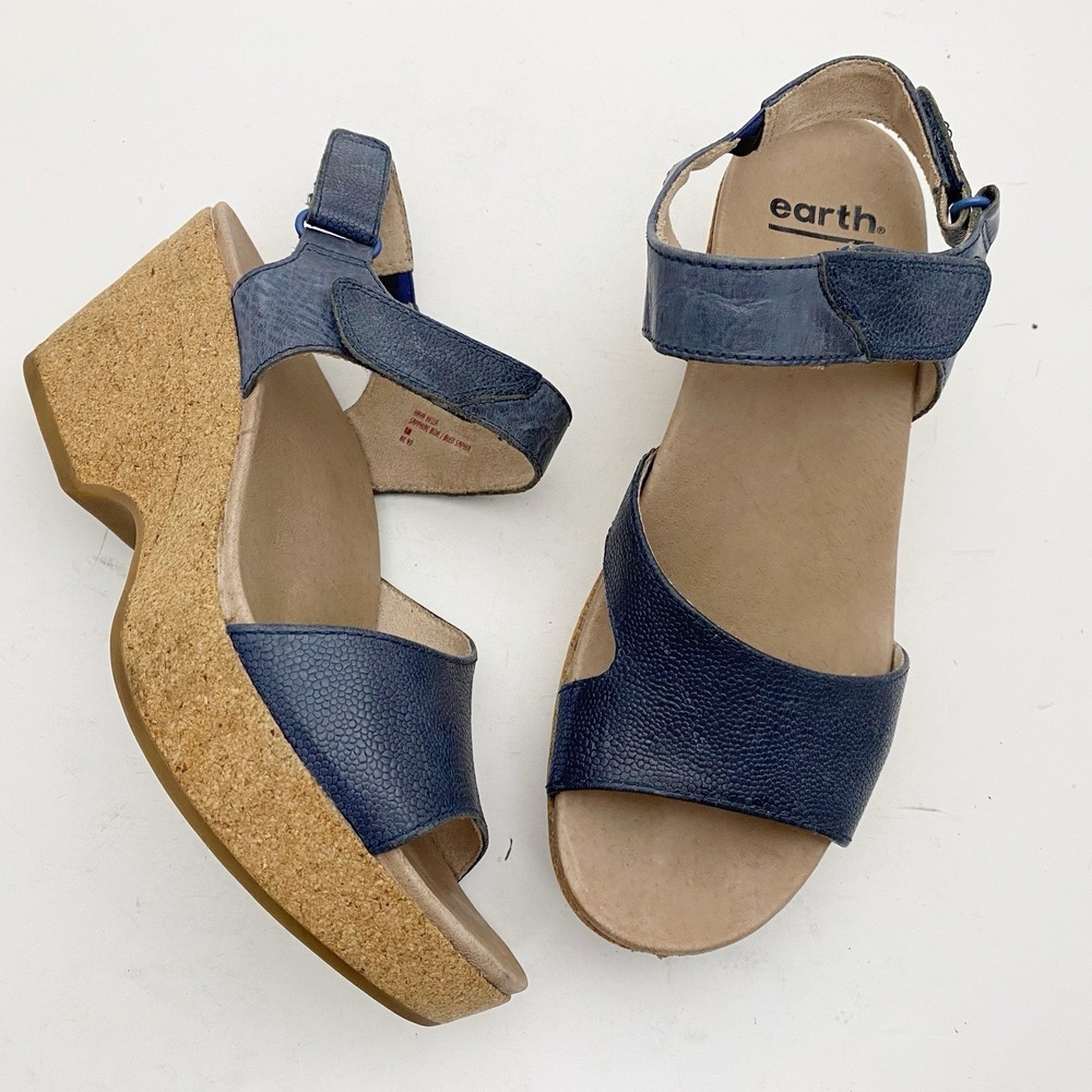 Earth Haya Kella Leather Cork Wedge Platform Sandals Womens 8M Sapphire Blue